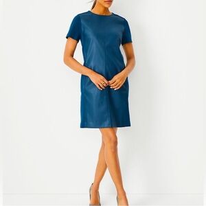 Ann Taylor‎ NEW Women's Faux Leather Mixed Media Blue Shift Dress Size XS Petite